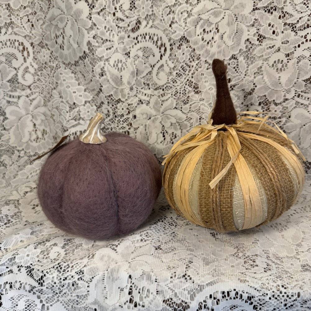 Autumn Decor Purple Wool Felt & Burlap Raffia Decorative Pumpkin Set Cottagecore